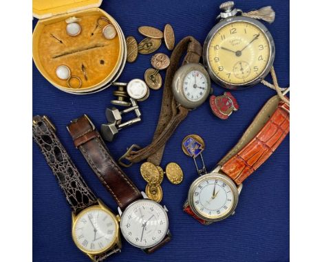 A silver wrist watch, with other gents wristwatches, a variety of cufflinks and dress studs and a Services Army chrome pocket