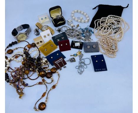 A large selection of costume jewellery, to include some vintage and some contemporary examples, to include 8 pairs of silver 