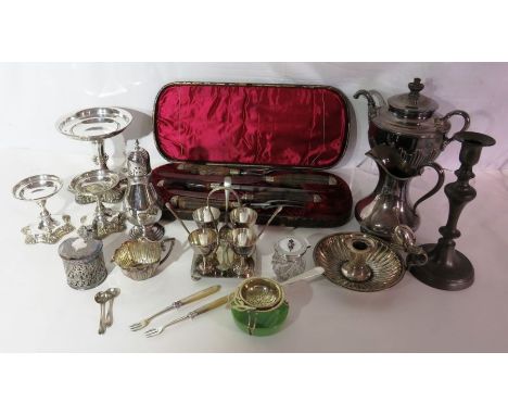 Group of silver plated wares, to include a boxed carving set with horn handles, 3 piece tazza set, sugar sifter, chamber stic