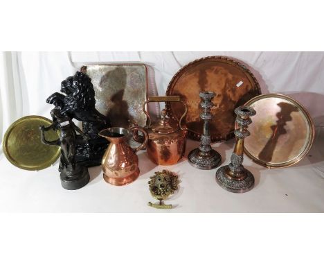 A pair of old Sheffield plate candlesticks, a Victorian cast iron door stop in the form of a lion , mixed copper ware and a s