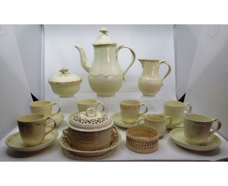Wedgwood creamware coffee set, impressed Wedgwood marks,  with moulded shell decoration, double loop handles and enriched wit