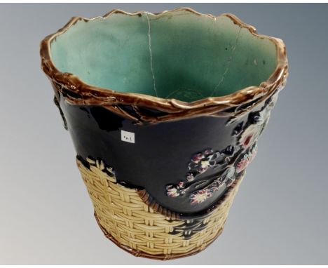 An antique Majolica plant pot (as found), height 24.5 cm 