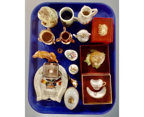 A tray containing Beswick Beatrix Potter figures, Samuel Whiskers and Timmy Willie, Coalport and Spode china pillboxes, Caith