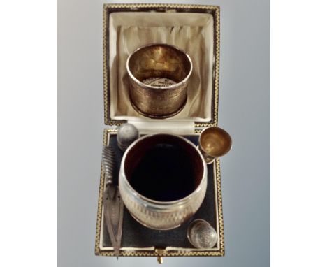 A Birmingham silver napkin ring in case together with further silver items including napkin ring, two thimbles, miniature gob