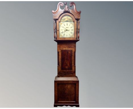 An early Victorian mahogany eight day longcase clock with painted dial, pendulum and weights, movement with deadbeat escapeme