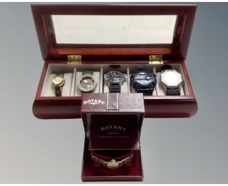A watch box containing five various wristwatches - Radley, Sekonda etc and a further boxed lady's Rotary watch on silver brac