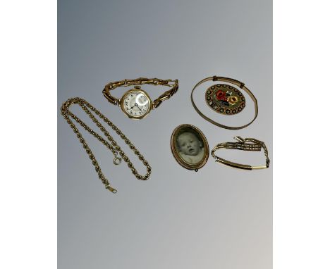 A collection of antique jewellery including portrait pendant, watch, millefiori brooch.