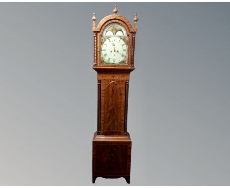 A 20th century inlaid mahogany eight day longcase clock with painted moon phase dial depicting Africa, Europe, Asia and Ameri