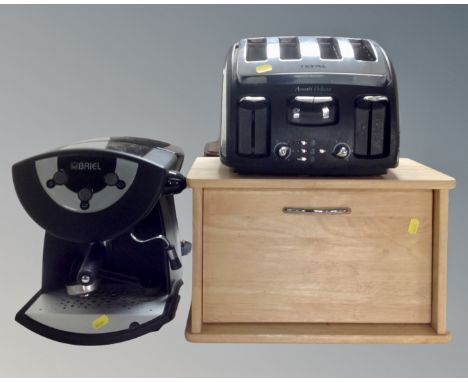 A Briel coffee machine together with a Tefal Avanti four slot toaster and a wooden bread bin.