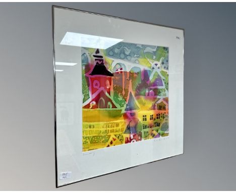 A Continental colour print on fabric depicting a view across a town, indistinctly signed to margin, 41cm by 41cm. 