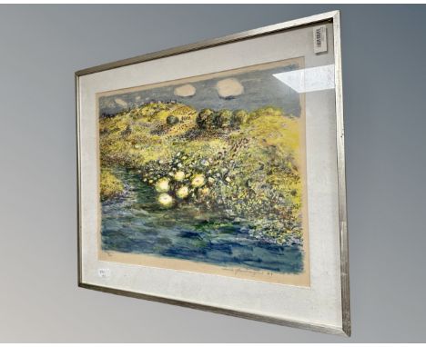 A Continental limited edition colour print depicting flowers on a hillside, 56cm by 45cm.