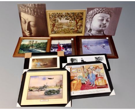 A box containing framed prints, wall canvas, a Barrie Clark print of a Spitfire, reproduction 1966 World Cup photographs, fra