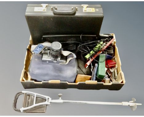 A box containing leather case, Masonic regalia, shooting stick, cameras, wristwatches etc.