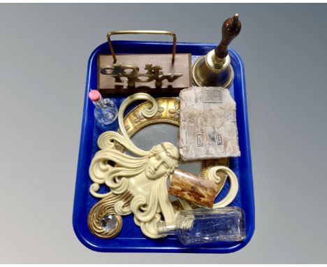 A tray containing brass letter rack and hand bell, and Art Nouveau Mirror, vintage glass bottle etc.