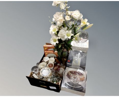 A box containing assorted glassware, artificial flowers, tea china, hip flask and three Dartington crystal bowls and cake sta