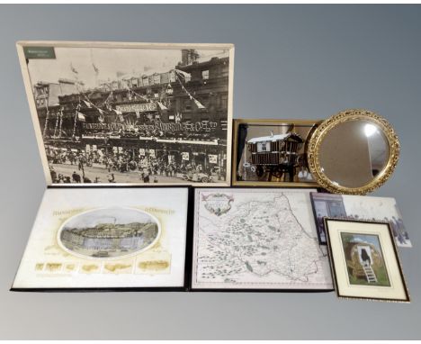 A small circular bevel edged mirror in gilt frame, a picture mirror depicting Romani caravan, a print after Lowry, Map of Dur