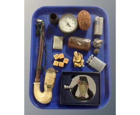 A tray containing a vintage pipe, Dalvey hip flask, pocket lighters, treen egg, snuff box, plated vesta case etc.