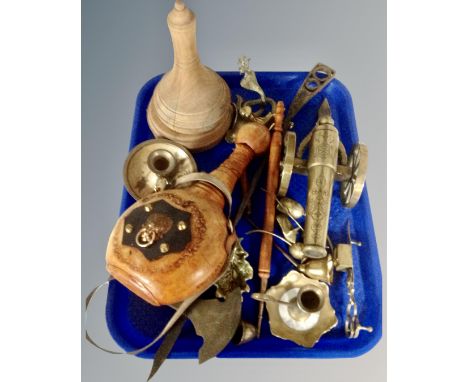 A tray containing assorted metal wares including a brass cannon, ornaments, candlesticks, leather cased flask etc.