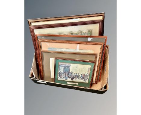 A box containing assorted pictures and prints, a framed photograph, L. S. Lowry print 'Waiting for the Shops to Open'