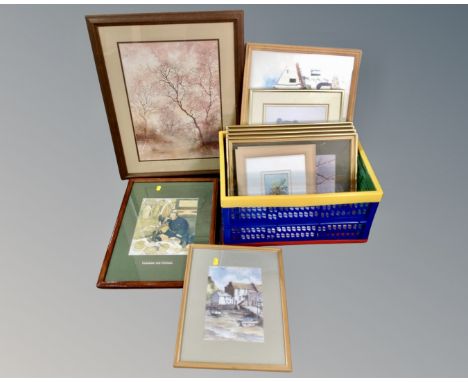 A box containing assorted pictures and prints including Molly Fisher watercolour harbour scene, a print after Lawson Wood : C