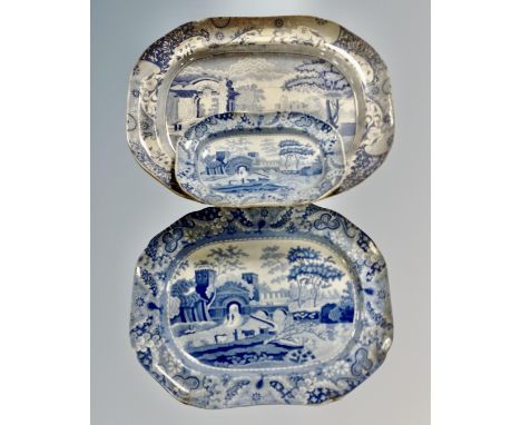 Three 19th century Spode blue and white graduated meat plates. (largest 43cm)