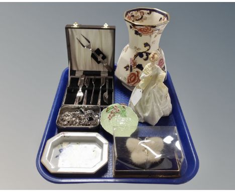 A tray containing Royal Worcester figure, First Dance, Masons vase, Carlton ware dish, mink butterfly brooch, costume jewelle
