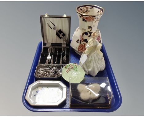 A tray containing Royal Worcester figure, First Dance, Masons vase, Carlton ware dish, mink butterfly brooch, costume jewelle