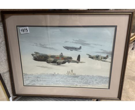 A signed John Larder print of Lancaster &amp; Spitfires