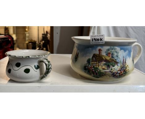 A vintage falcon ware thatch cottage planter / chamber pot &amp; one other