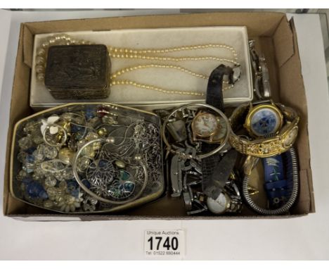 A tray of costume jewellery &amp; wristwatches including silver bangle