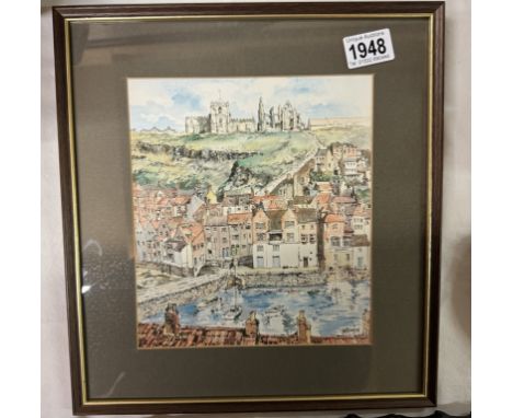 A framed &amp; glazed print of a watercolour of Abbey Ruins overlooking Whitby