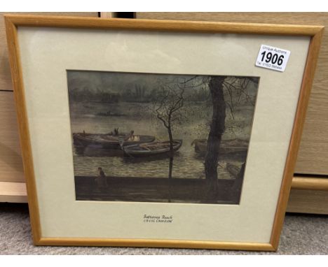 A print of an engraving of Battersea Reach by Cecil Lawson