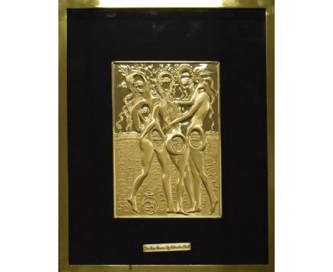 After Salvador Dali limited edition relief silver gilt rectangular panel depicting The Three Graces, no.80/999, within a tint