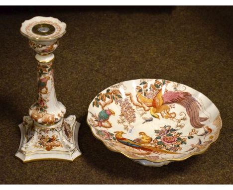 Modern Royal Crown Derby candlestick decorated with the Olde Avesbury pattern, together with a similarly decorated comport   