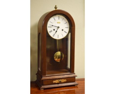 Modern mahogany finish cased arch top mantel clock, the white dial with Roman numerals, drawer to the base, 51cm high   Condi