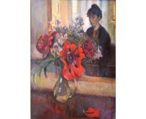 Rachel Hemming Bray - Pastel - Self portrait with a vase of flowers, signed with initials, 52cm x 42cm, together with a prepa