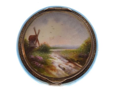 Early 20th Century silver and engine turned enamel decorated compact, the hinged cover with landscape depicting windmill besi