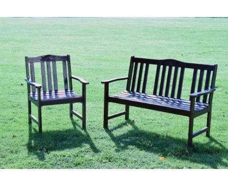 Slatted garden bench, together with a matching open arm chair   Condition: 