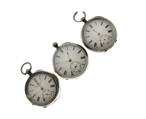 Three gentleman's silver key wind pocket watches, all having white enamel dial, subsidiary seconds dial and Roman numerals   