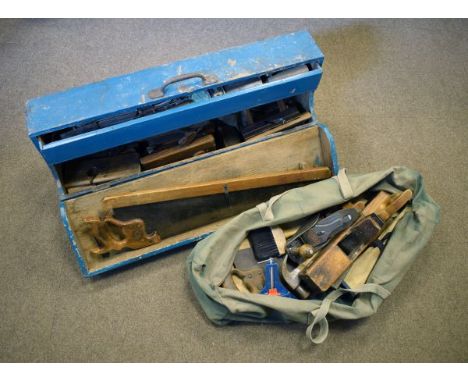 Vintage wooden tool box and bag, together with a collection of vintage carpentry tools etc   Condition: 