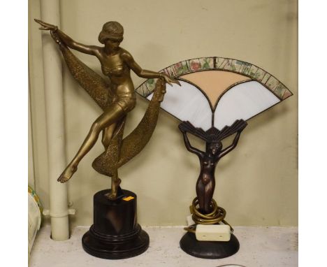 Cold cast resin figure of an Art Deco dancer, on a cylindrical socle together with a cast metal table lamp formed as a female