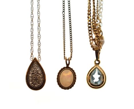 Diamond set tear drop pendant, an opal set pendant and a pear drop pendant set pale blue stone, all with chains   Condition: 