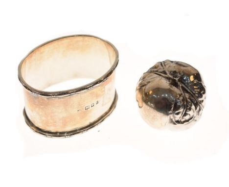 George V apple shaped bell/child's rattle, Birmingham 1921 and an Edward VII silver napkin ring   Condition: 