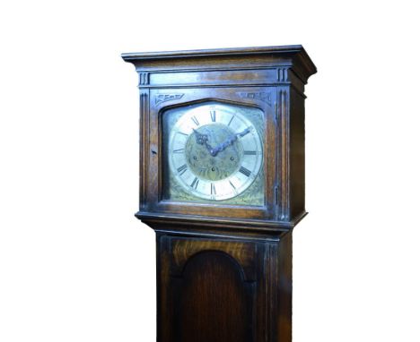 Old reproduction oak longcase clock having square brass dial with silvered chapter ring and striking and chiming movement   C