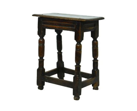 Antique oak joined stool, standing on turned supports united by stretchers   Condition: 