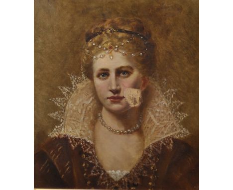 19th Century English School. Portrait of a Lady wearing a Red Dress with a Lace Collar, Pearls around her neck and a Decorati