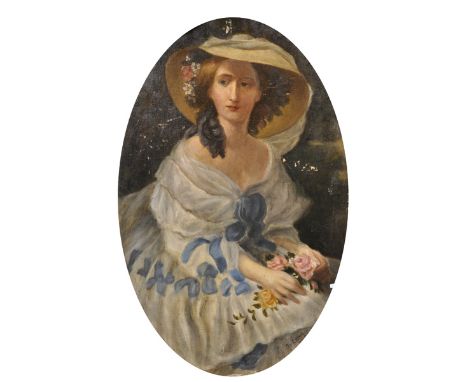 19th Century French School. Portrait of a Lady in a white Dress with Blue Ribbons, and wearing a Straw Hat, Oil on Canvas lai