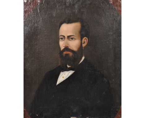 19th Century American School. Portrait of a Man in a Black Jacket and wearing a black Tie, Oil on Canvas, In a Painted Oval, 