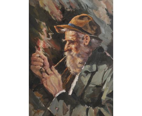 20th Century Italian School. Study of a Bearded Man lighting a Pipe, Oil on Canvas, 27.5" x 20".
