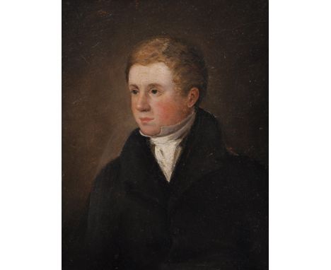 Early 19th Century English School. Portrait of a Gentleman in a Black Coat and White Stock, Oil on Panel, 10" x 8".